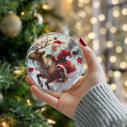 Netecom Santa Claus and Sleigh Glass Ornament – Riding Reindeer, Christmas Tree Decoration, Holiday Keepsake, 3 in