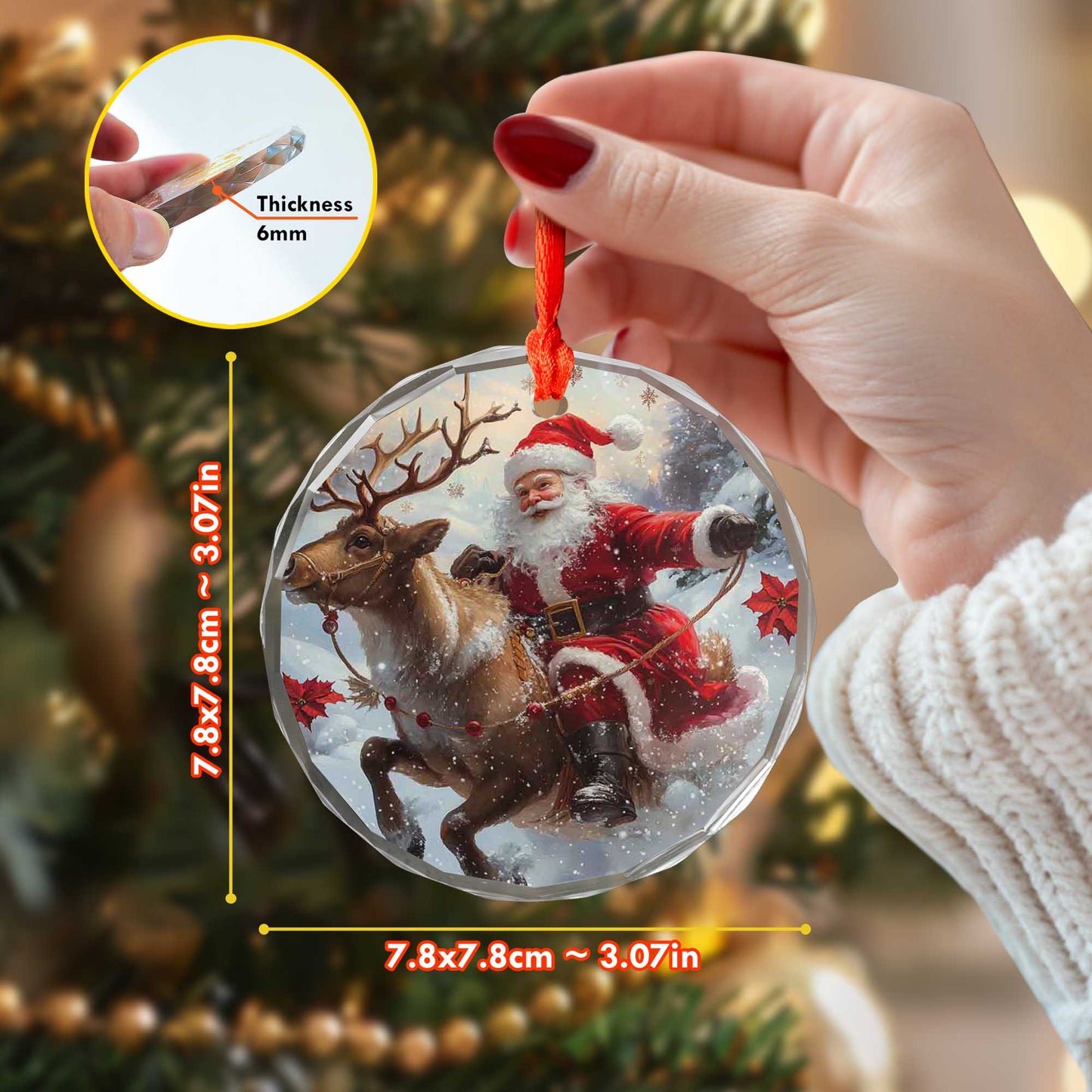 Netecom Santa Claus and Sleigh Glass Ornament – Riding Reindeer, Christmas Tree Decoration, Holiday Keepsake, 3 in