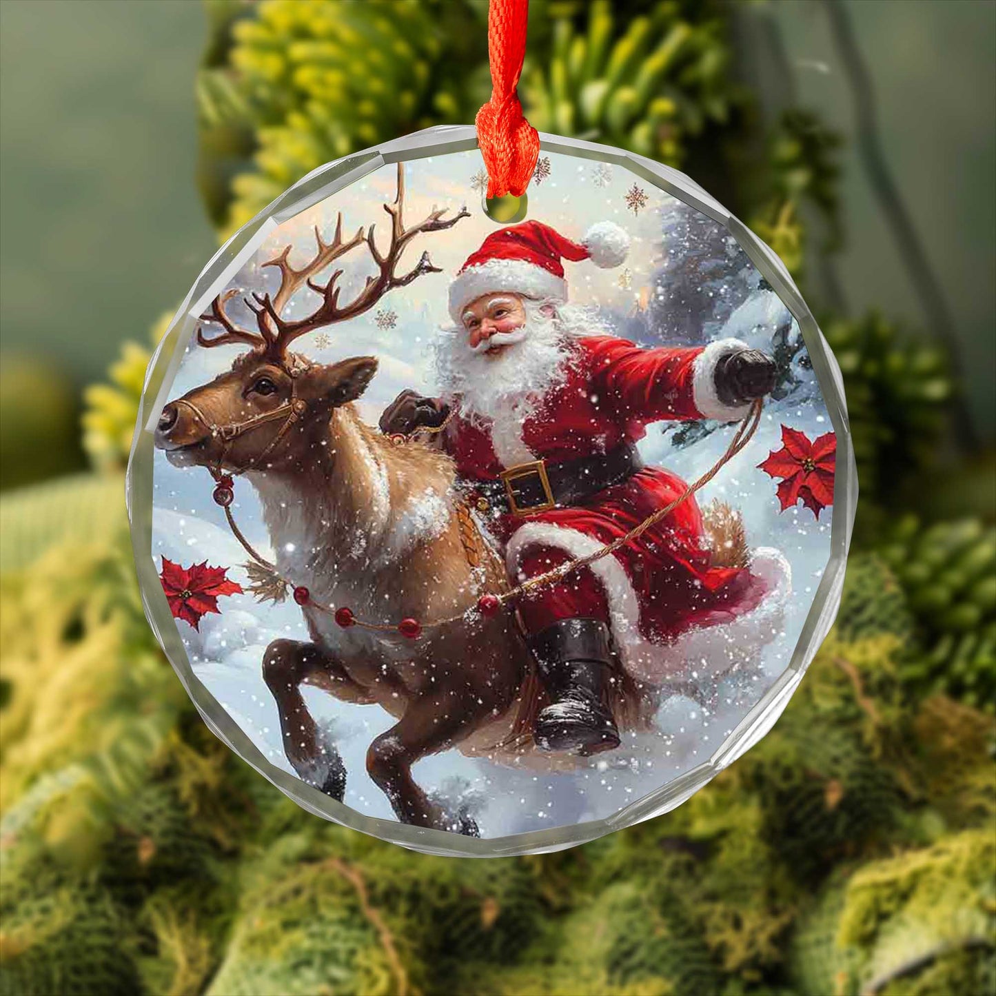 Netecom Santa Claus and Sleigh Glass Ornament – Riding Reindeer, Christmas Tree Decoration, Holiday Keepsake, 3 in