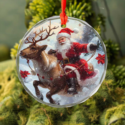 Netecom Santa Claus and Sleigh Glass Ornament – Riding Reindeer, Christmas Tree Decoration, Holiday Keepsake, 3 in