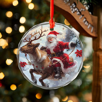 Netecom Santa Claus and Sleigh Glass Ornament – Riding Reindeer, Christmas Tree Decoration, Holiday Keepsake, 3 in