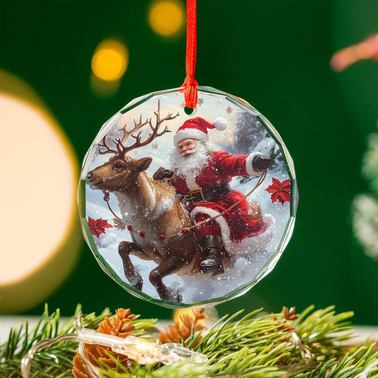 Netecom Santa Claus and Sleigh Glass Ornament – Riding Reindeer, Christmas Tree Decoration, Holiday Keepsake, 3 in