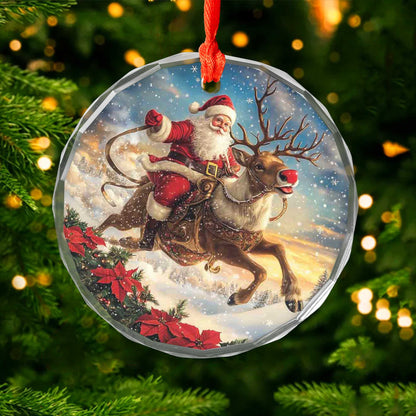Netecom Christmas Santa Claus Glass Ornament – Riding Reindeer with Sleigh, Perfect Holiday Decoration, 3 in