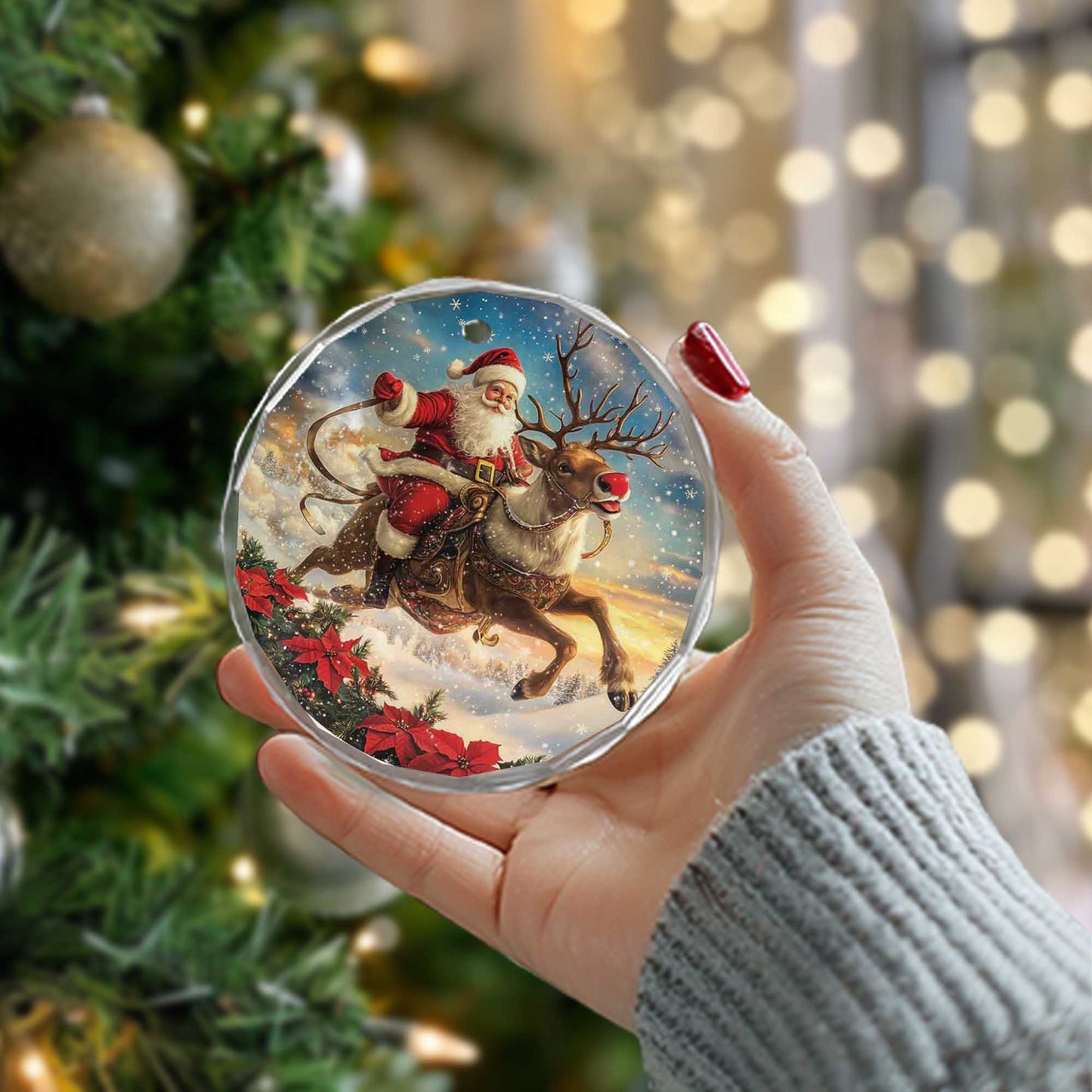 Netecom Christmas Santa Claus Glass Ornament – Riding Reindeer with Sleigh, Perfect Holiday Decoration, 3 in