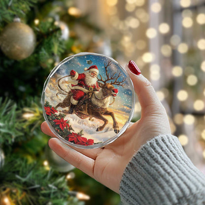 Netecom Christmas Santa Claus Glass Ornament – Riding Reindeer with Sleigh, Perfect Holiday Decoration, 3 in
