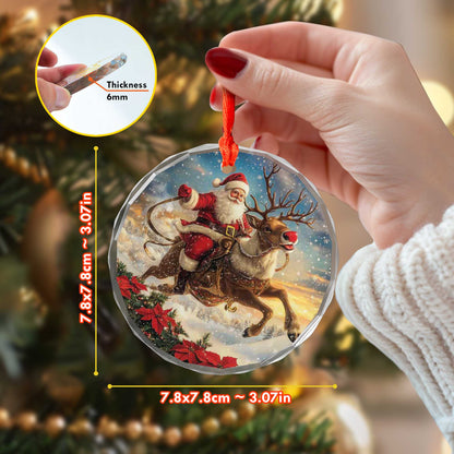 Netecom Christmas Santa Claus Glass Ornament – Riding Reindeer with Sleigh, Perfect Holiday Decoration, 3 in