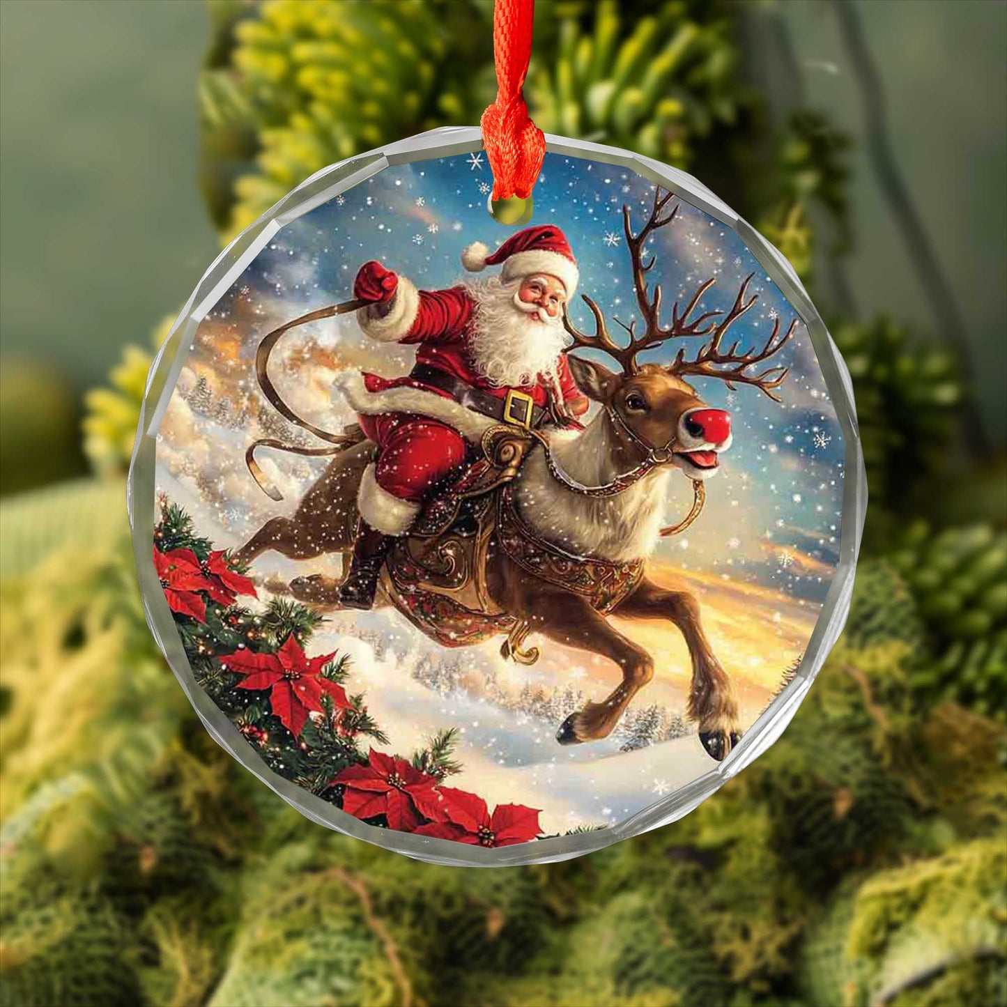 Netecom Christmas Santa Claus Glass Ornament – Riding Reindeer with Sleigh, Perfect Holiday Decoration, 3 in