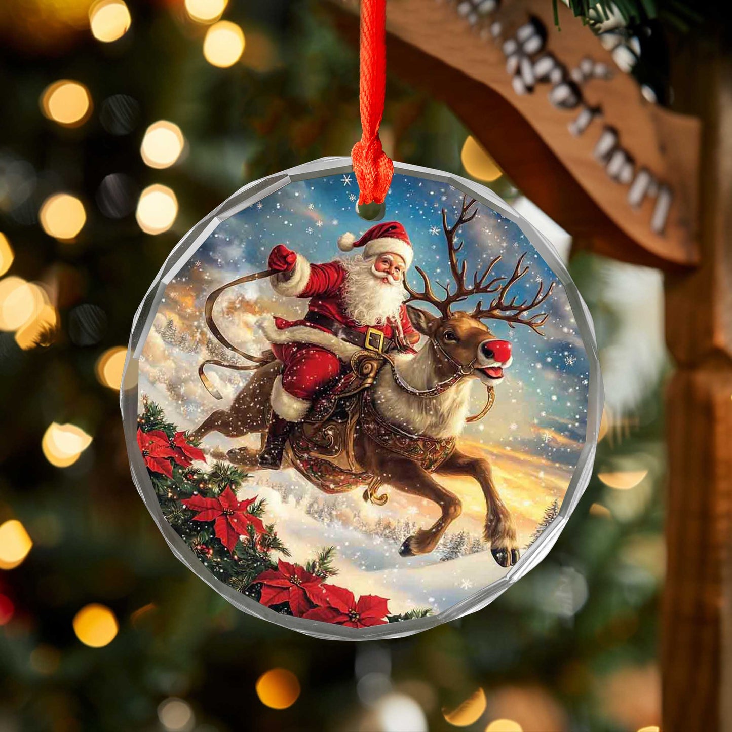 Netecom Christmas Santa Claus Glass Ornament – Riding Reindeer with Sleigh, Perfect Holiday Decoration, 3 in