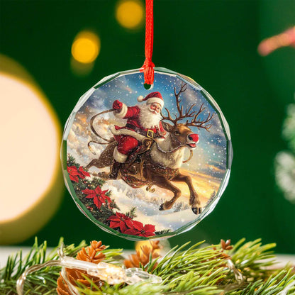Netecom Christmas Santa Claus Glass Ornament – Riding Reindeer with Sleigh, Perfect Holiday Decoration, 3 in