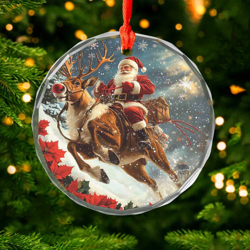 Netecom Santa Claus on Reindeer Glass Ornament – Christmas Tree Decor with Sleigh, Gift for the Season, 3 in