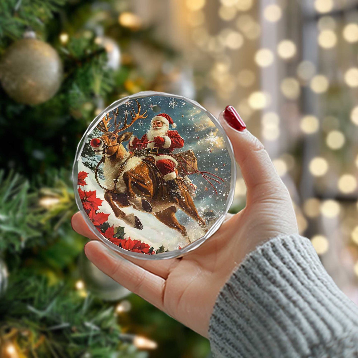 Netecom Santa Claus on Reindeer Glass Ornament – Christmas Tree Decor with Sleigh, Gift for the Season, 3 in