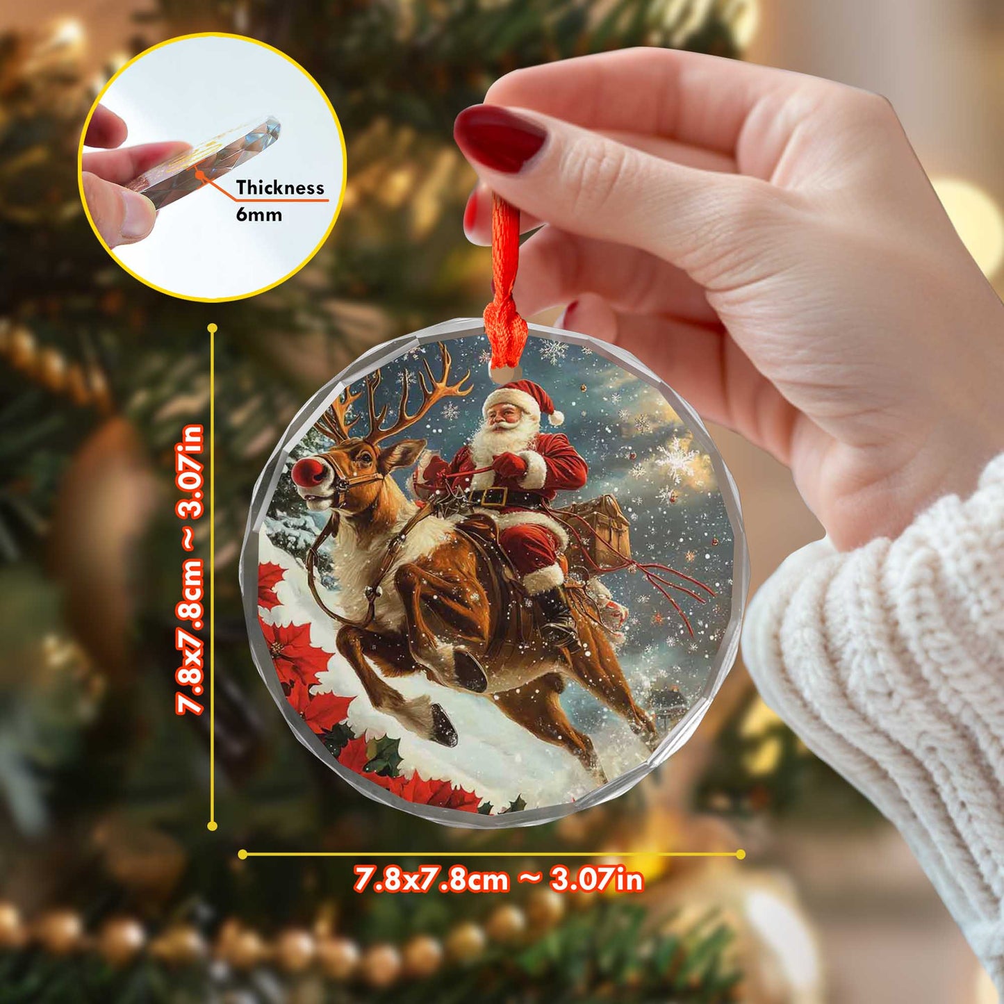 Netecom Santa Claus on Reindeer Glass Ornament – Christmas Tree Decor with Sleigh, Gift for the Season, 3 in