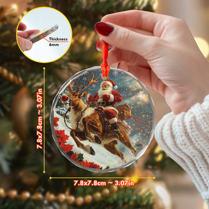 Netecom Santa Claus on Reindeer Glass Ornament – Christmas Tree Decor with Sleigh, Gift for the Season, 3 in