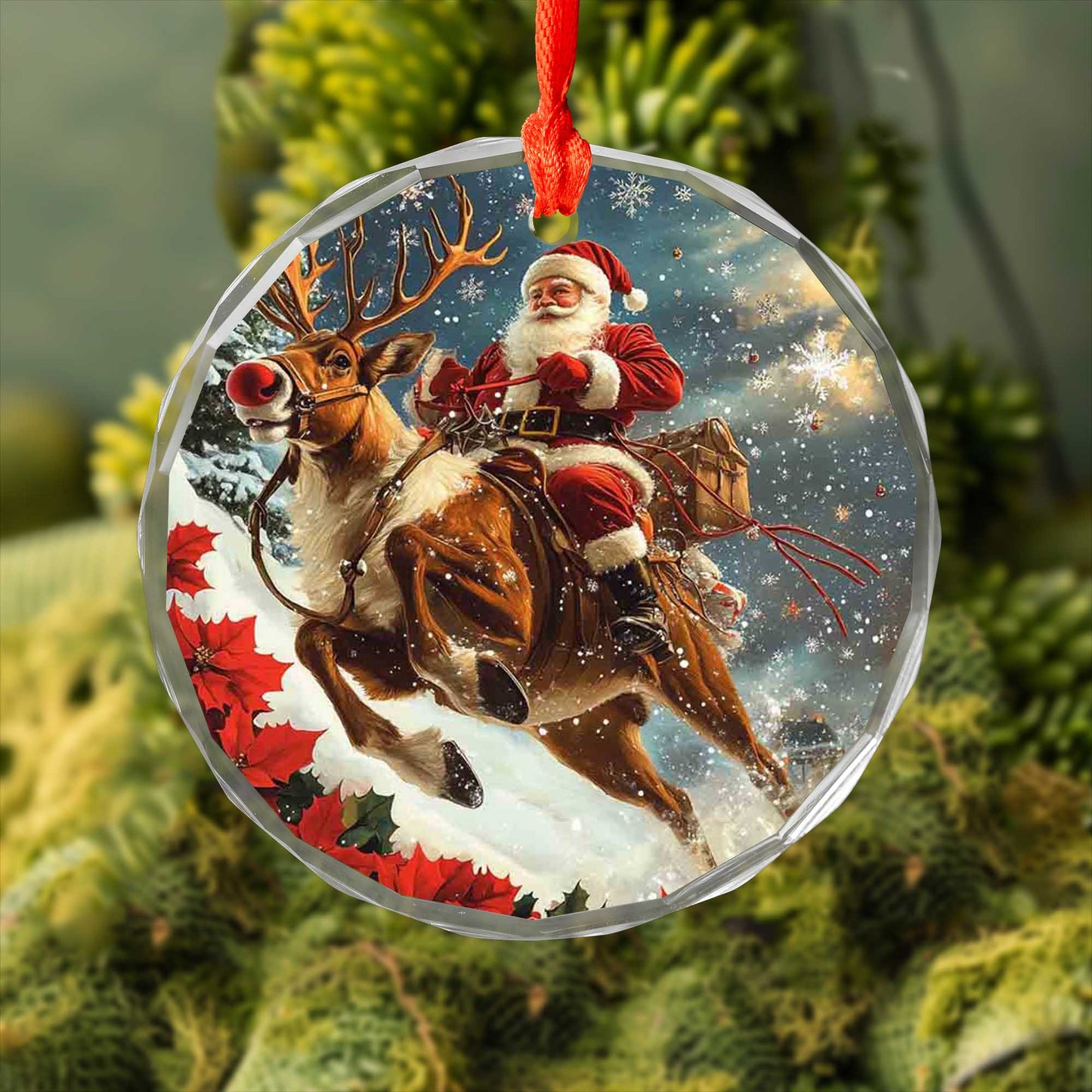 Netecom Santa Claus on Reindeer Glass Ornament – Christmas Tree Decor with Sleigh, Gift for the Season, 3 in