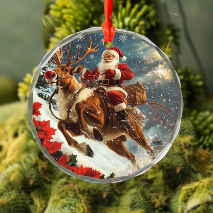 Netecom Santa Claus on Reindeer Glass Ornament – Christmas Tree Decor with Sleigh, Gift for the Season, 3 in