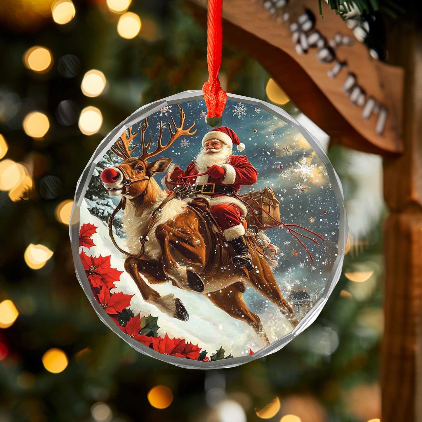 Netecom Santa Claus on Reindeer Glass Ornament – Christmas Tree Decor with Sleigh, Gift for the Season, 3 in