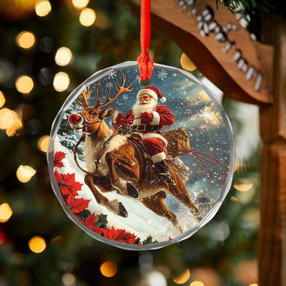 Netecom Santa Claus on Reindeer Glass Ornament – Christmas Tree Decor with Sleigh, Gift for the Season, 3 in