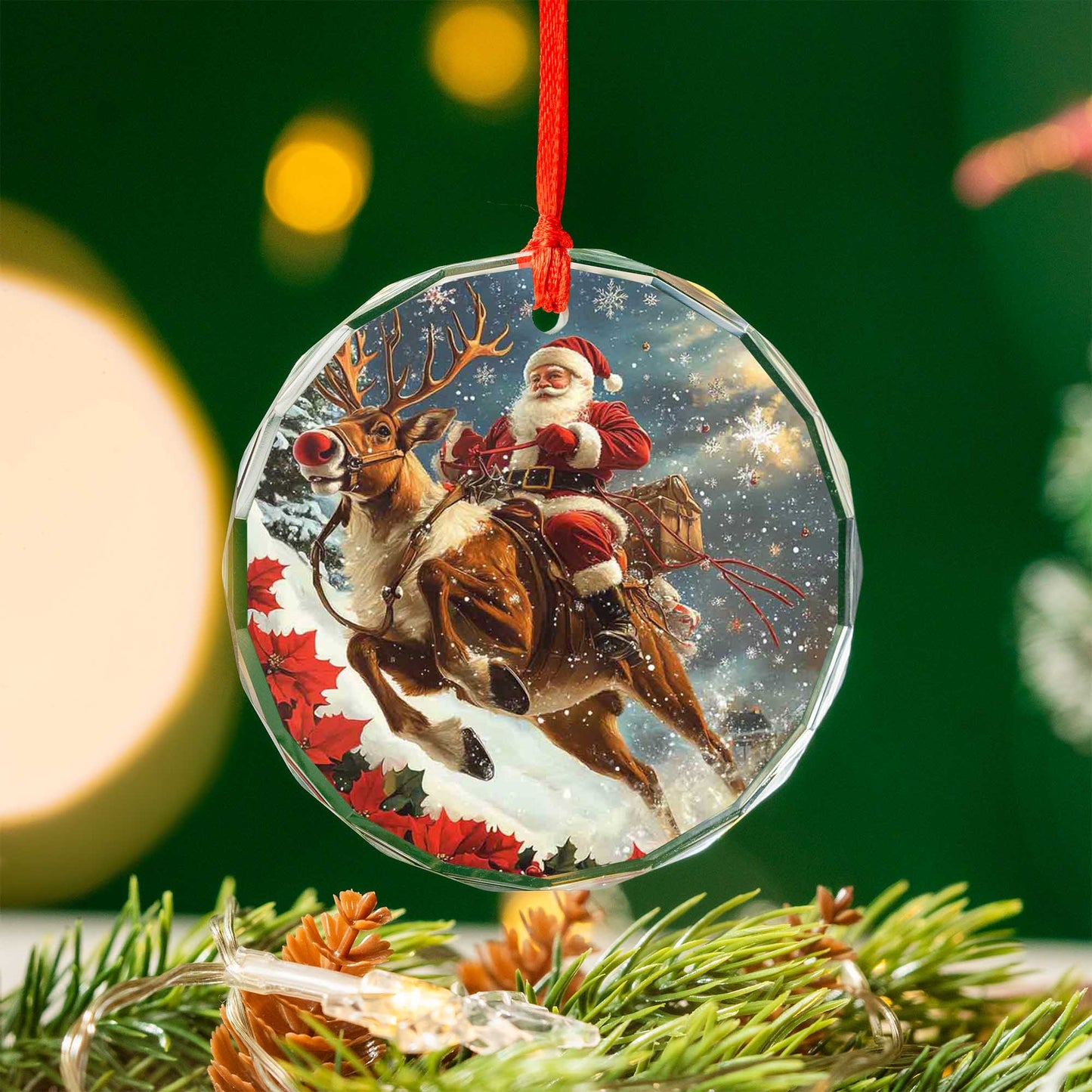 Netecom Santa Claus on Reindeer Glass Ornament – Christmas Tree Decor with Sleigh, Gift for the Season, 3 in