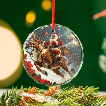 Netecom Santa Claus on Reindeer Glass Ornament – Christmas Tree Decor with Sleigh, Gift for the Season, 3 in