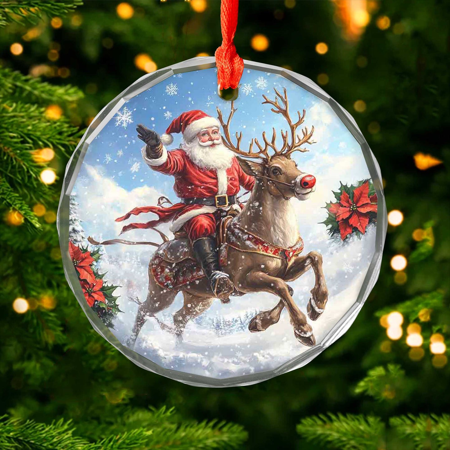 Netecom Santa Claus on Reindeer Glass Ornament – Christmas Tree Decor, Perfect Holiday Keepsake, 3 in