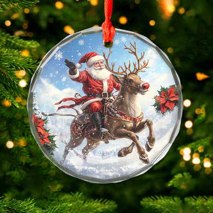 Netecom Santa Claus on Reindeer Glass Ornament – Christmas Tree Decor, Perfect Holiday Keepsake, 3 in