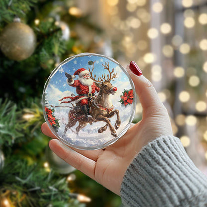 Netecom Santa Claus on Reindeer Glass Ornament – Christmas Tree Decor, Perfect Holiday Keepsake, 3 in