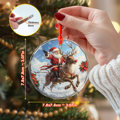 Netecom Santa Claus on Reindeer Glass Ornament – Christmas Tree Decor, Perfect Holiday Keepsake, 3 in