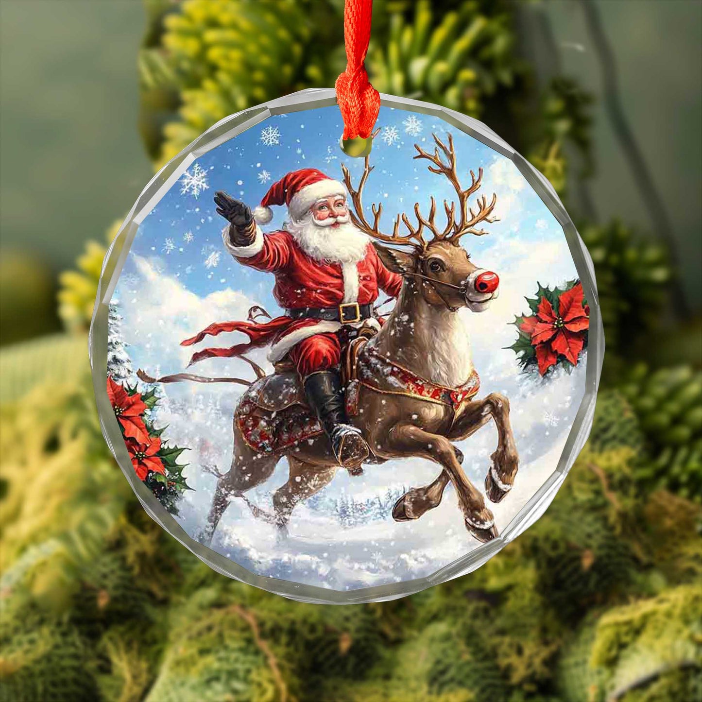 Netecom Santa Claus on Reindeer Glass Ornament – Christmas Tree Decor, Perfect Holiday Keepsake, 3 in