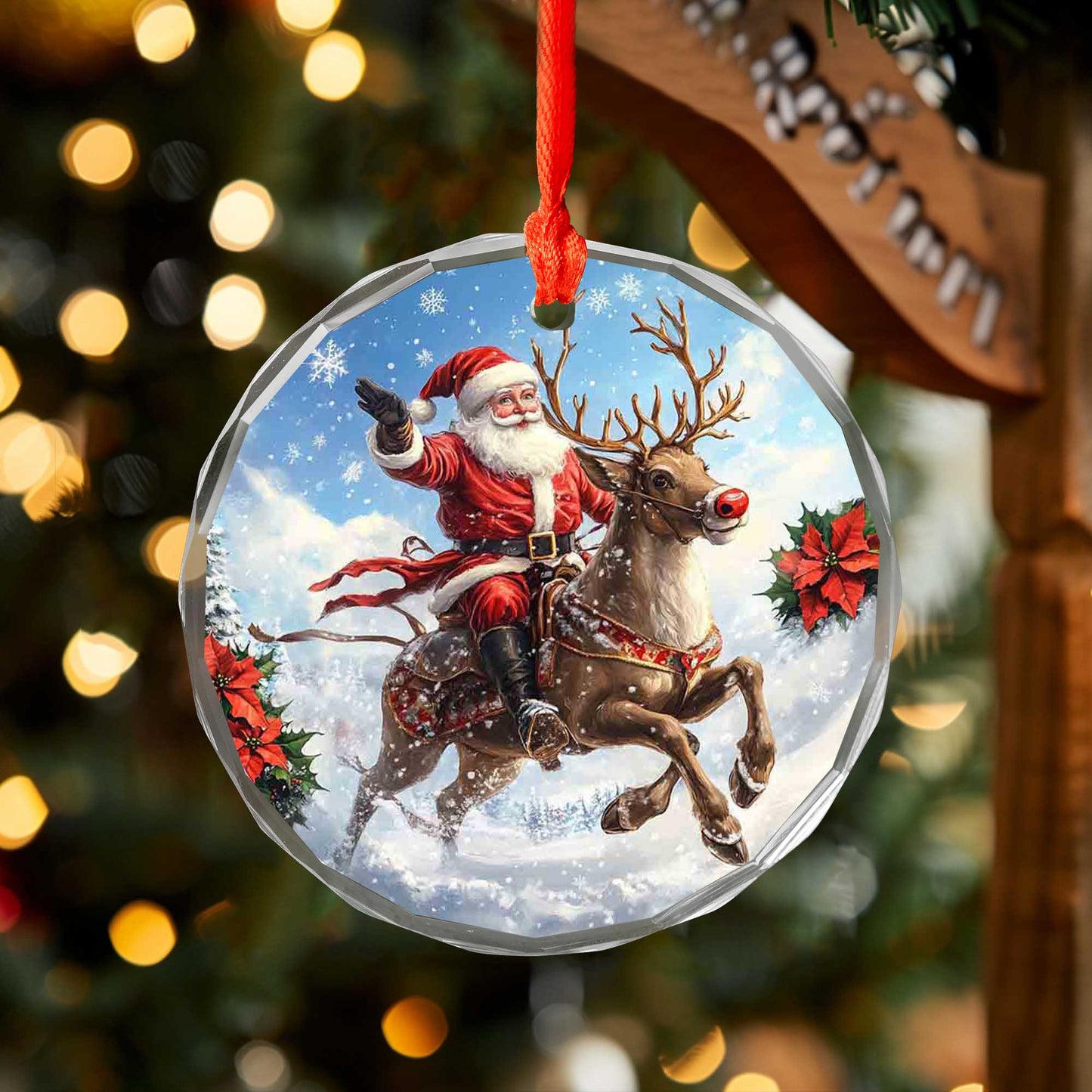 Netecom Santa Claus on Reindeer Glass Ornament – Christmas Tree Decor, Perfect Holiday Keepsake, 3 in