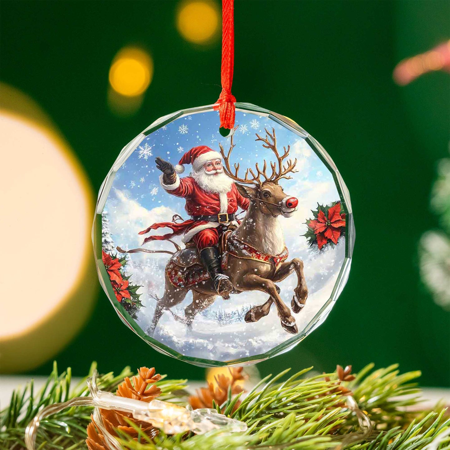 Netecom Santa Claus on Reindeer Glass Ornament – Christmas Tree Decor, Perfect Holiday Keepsake, 3 in