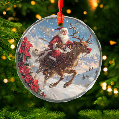 Netecom Santa Claus with Reindeer Glass Ornament – Christmas Holiday Tree Decoration, Keepsake Gift, 3 in