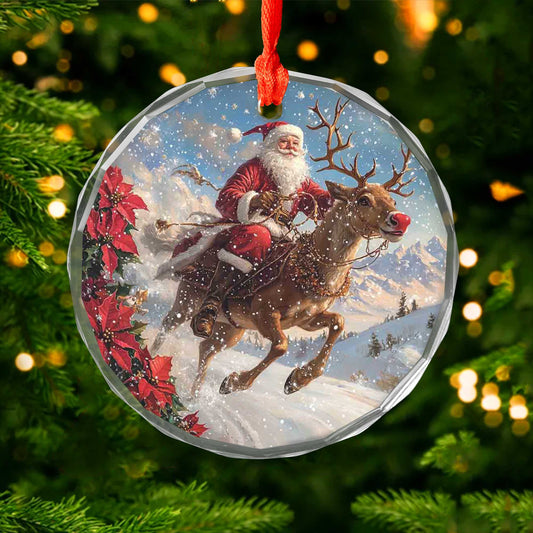 Netecom Santa Claus with Reindeer Glass Ornament – Christmas Holiday Tree Decoration, Keepsake Gift, 3 in