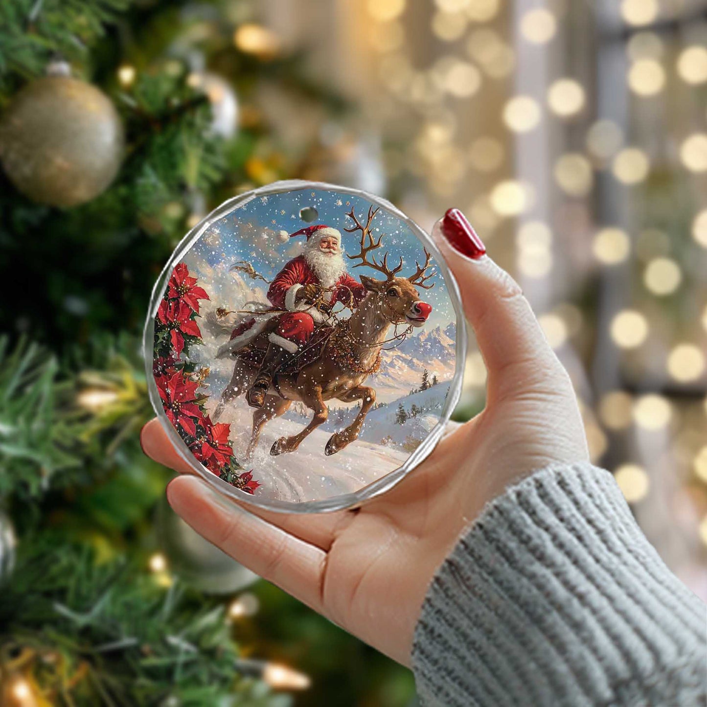 Netecom Santa Claus with Reindeer Glass Ornament – Christmas Holiday Tree Decoration, Keepsake Gift, 3 in