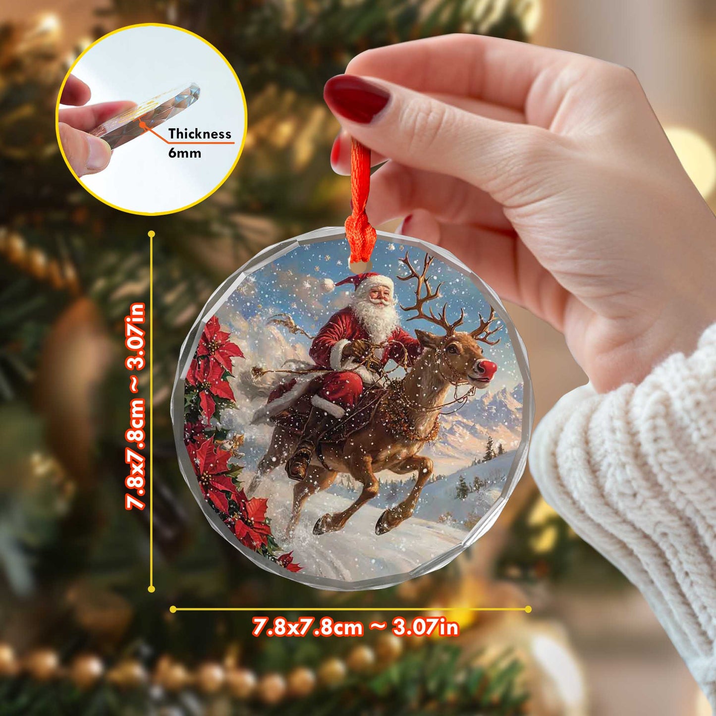 Netecom Santa Claus with Reindeer Glass Ornament – Christmas Holiday Tree Decoration, Keepsake Gift, 3 in