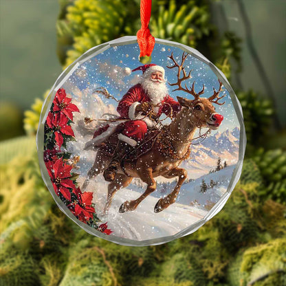 Netecom Santa Claus with Reindeer Glass Ornament – Christmas Holiday Tree Decoration, Keepsake Gift, 3 in