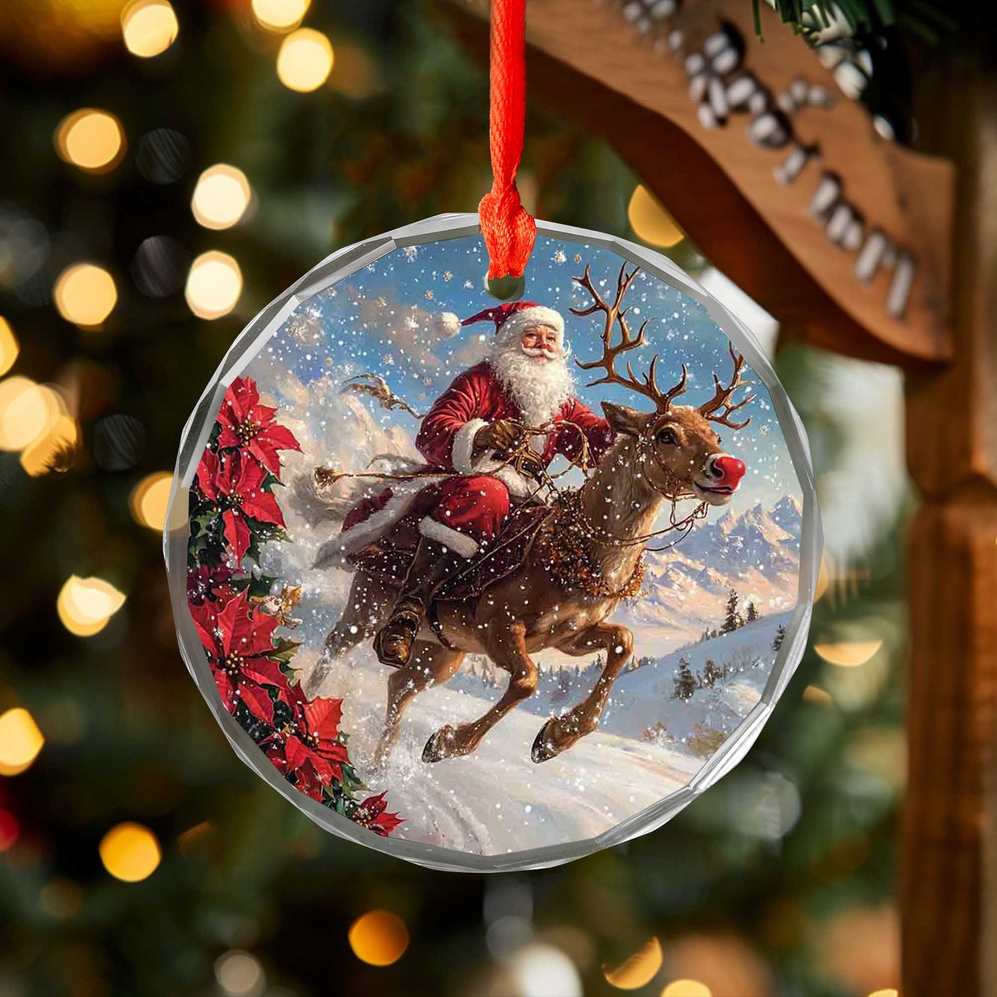 Netecom Santa Claus with Reindeer Glass Ornament – Christmas Holiday Tree Decoration, Keepsake Gift, 3 in