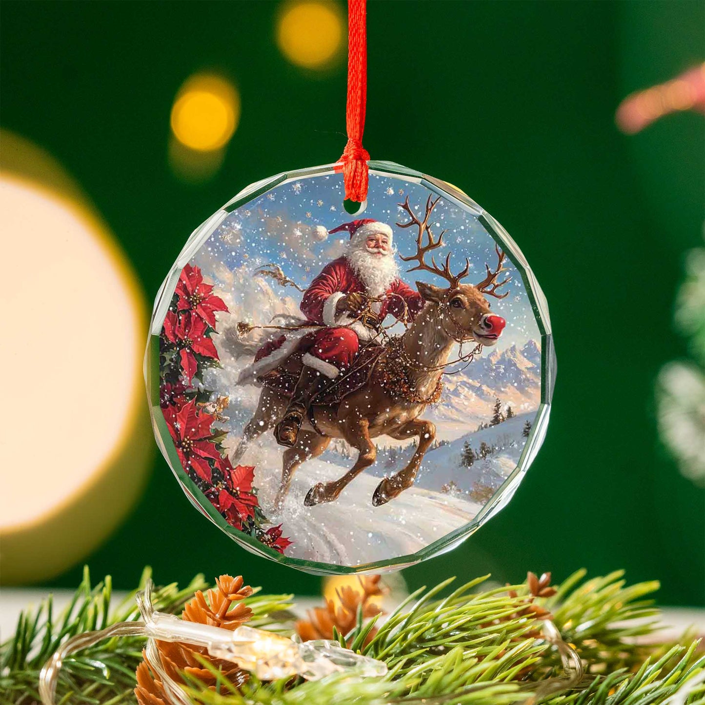 Netecom Santa Claus with Reindeer Glass Ornament – Christmas Holiday Tree Decoration, Keepsake Gift, 3 in