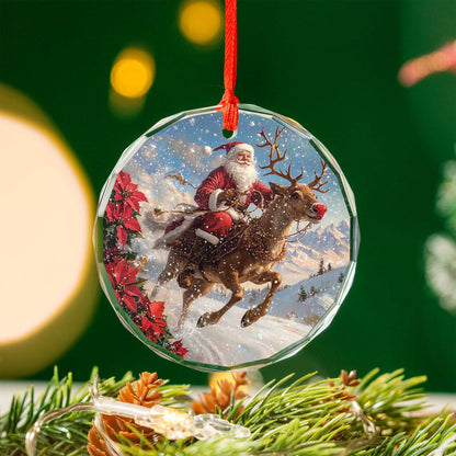 Netecom Santa Claus with Reindeer Glass Ornament – Christmas Holiday Tree Decoration, Keepsake Gift, 3 in