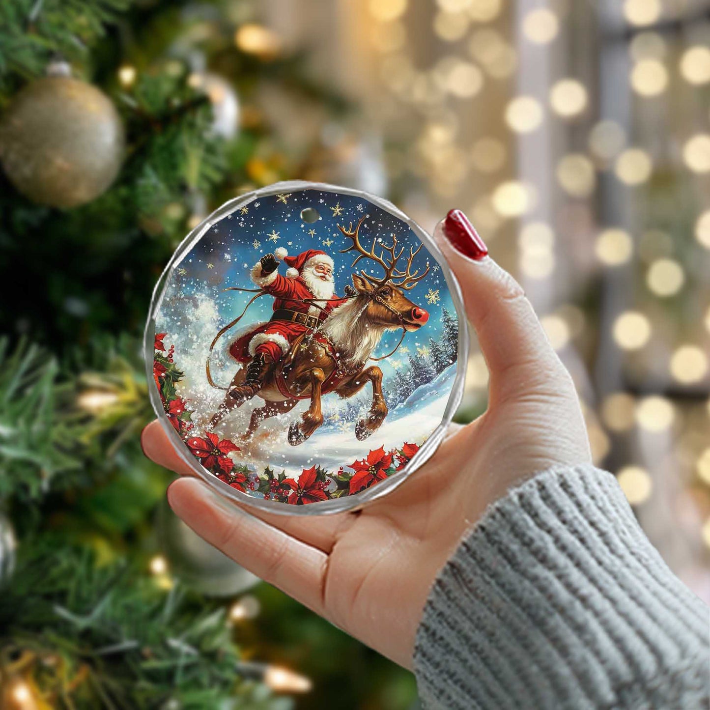 Netecom Santa Claus and Reindeer Glass Ornament – Christmas Tree Decoration, Seasonal Keepsake Gift, 3 in