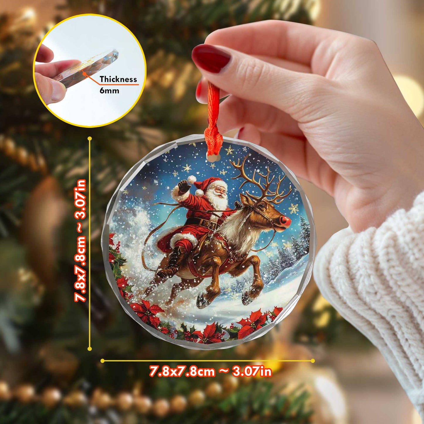 Netecom Santa Claus and Reindeer Glass Ornament – Christmas Tree Decoration, Seasonal Keepsake Gift, 3 in