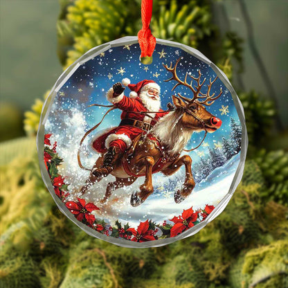 Netecom Santa Claus and Reindeer Glass Ornament – Christmas Tree Decoration, Seasonal Keepsake Gift, 3 in