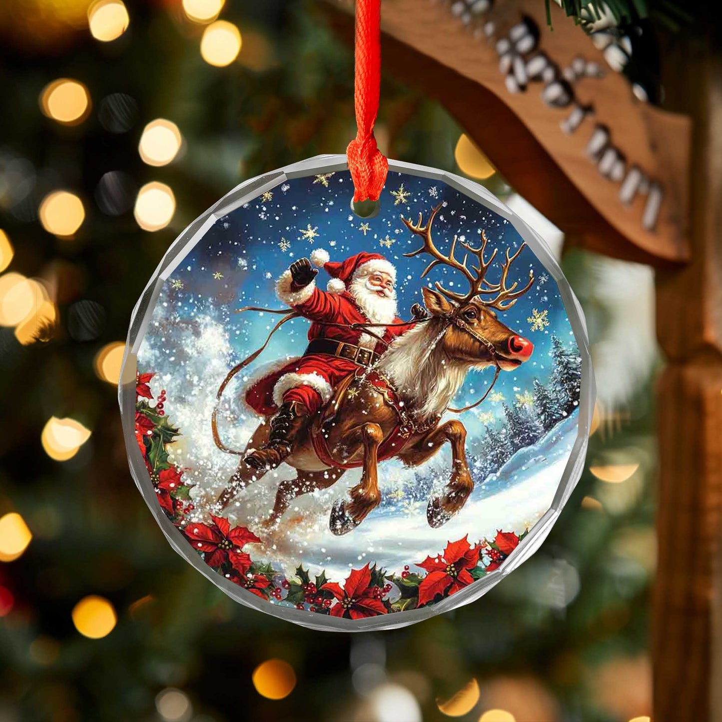 Netecom Santa Claus and Reindeer Glass Ornament – Christmas Tree Decoration, Seasonal Keepsake Gift, 3 in