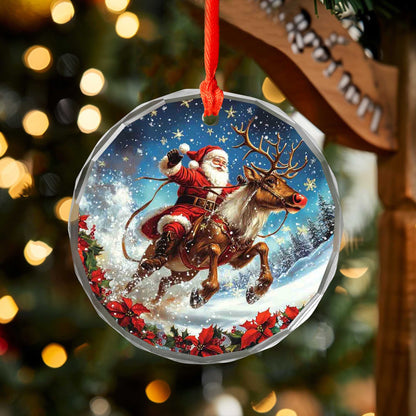 Netecom Santa Claus and Reindeer Glass Ornament – Christmas Tree Decoration, Seasonal Keepsake Gift, 3 in