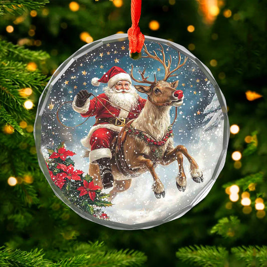 Netecom Santa Claus Riding Reindeer Glass Ornament – Christmas Tree Decor, Holiday Keepsake for the Season, 3 in