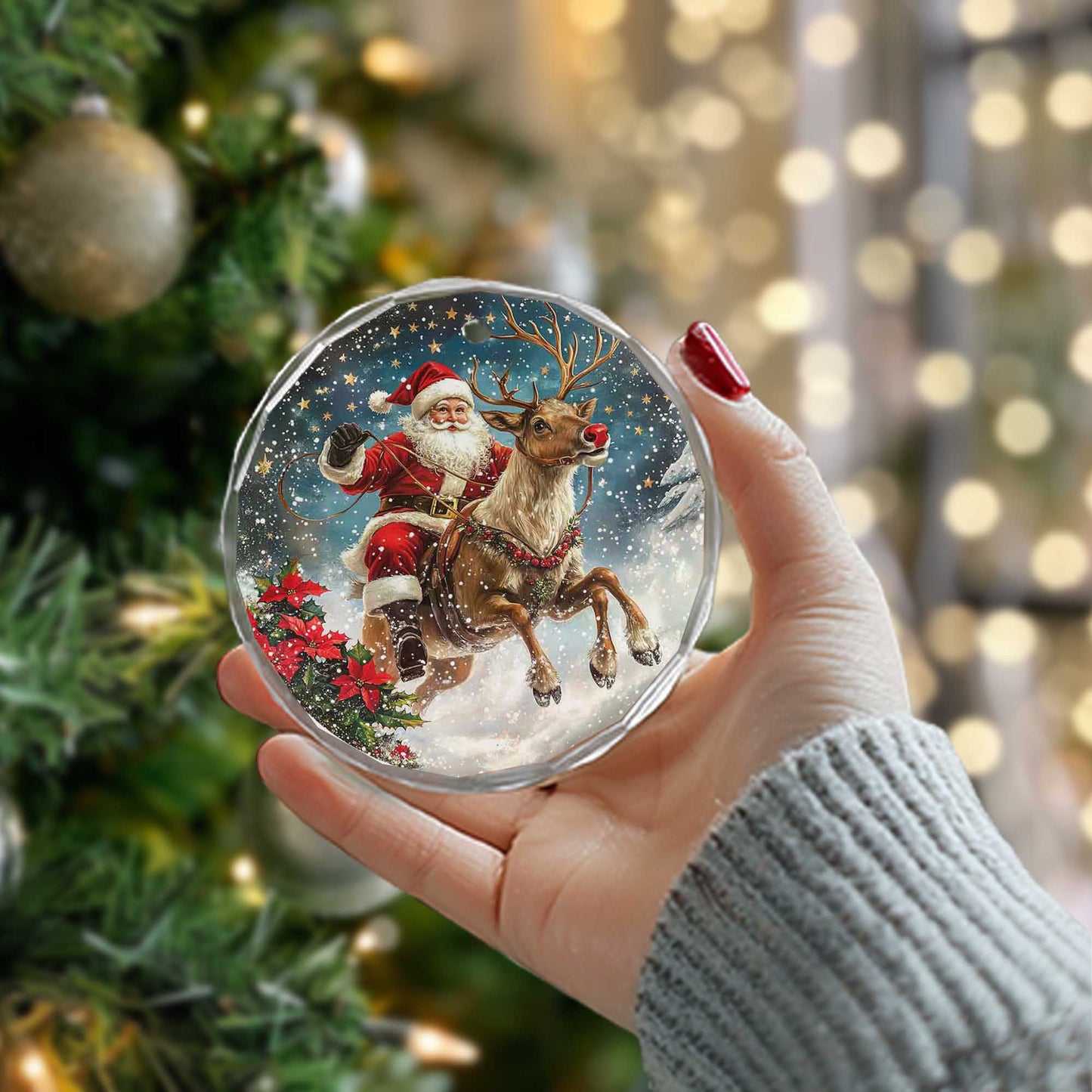 Netecom Santa Claus Riding Reindeer Glass Ornament – Christmas Tree Decor, Holiday Keepsake for the Season, 3 in