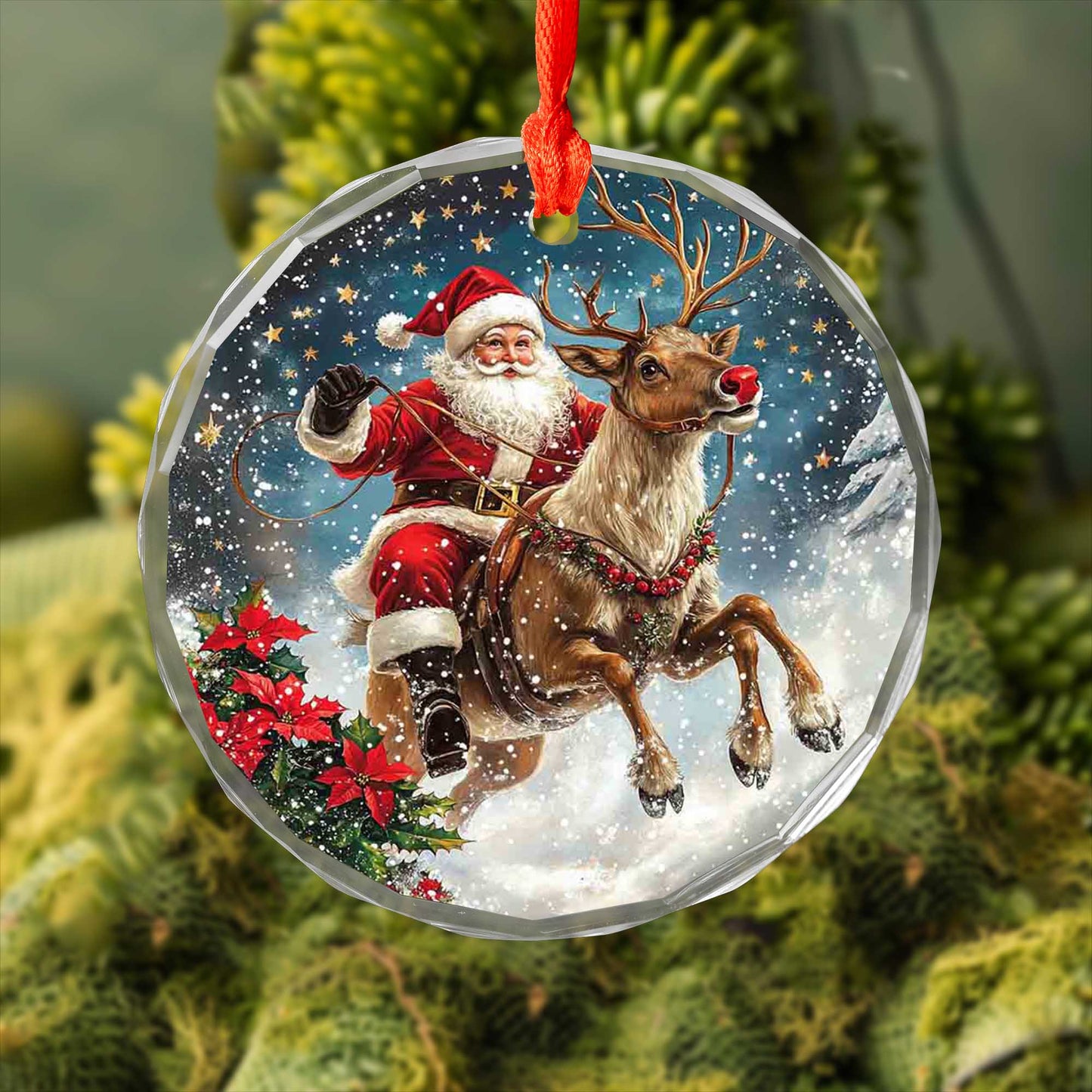 Netecom Santa Claus Riding Reindeer Glass Ornament – Christmas Tree Decor, Holiday Keepsake for the Season, 3 in