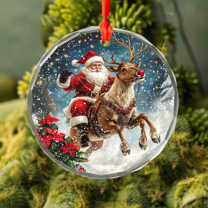 Netecom Santa Claus Riding Reindeer Glass Ornament – Christmas Tree Decor, Holiday Keepsake for the Season, 3 in