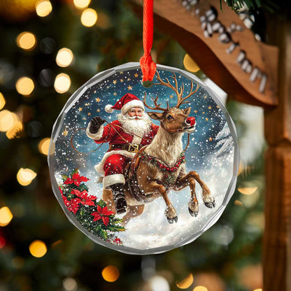 Netecom Santa Claus Riding Reindeer Glass Ornament – Christmas Tree Decor, Holiday Keepsake for the Season, 3 in
