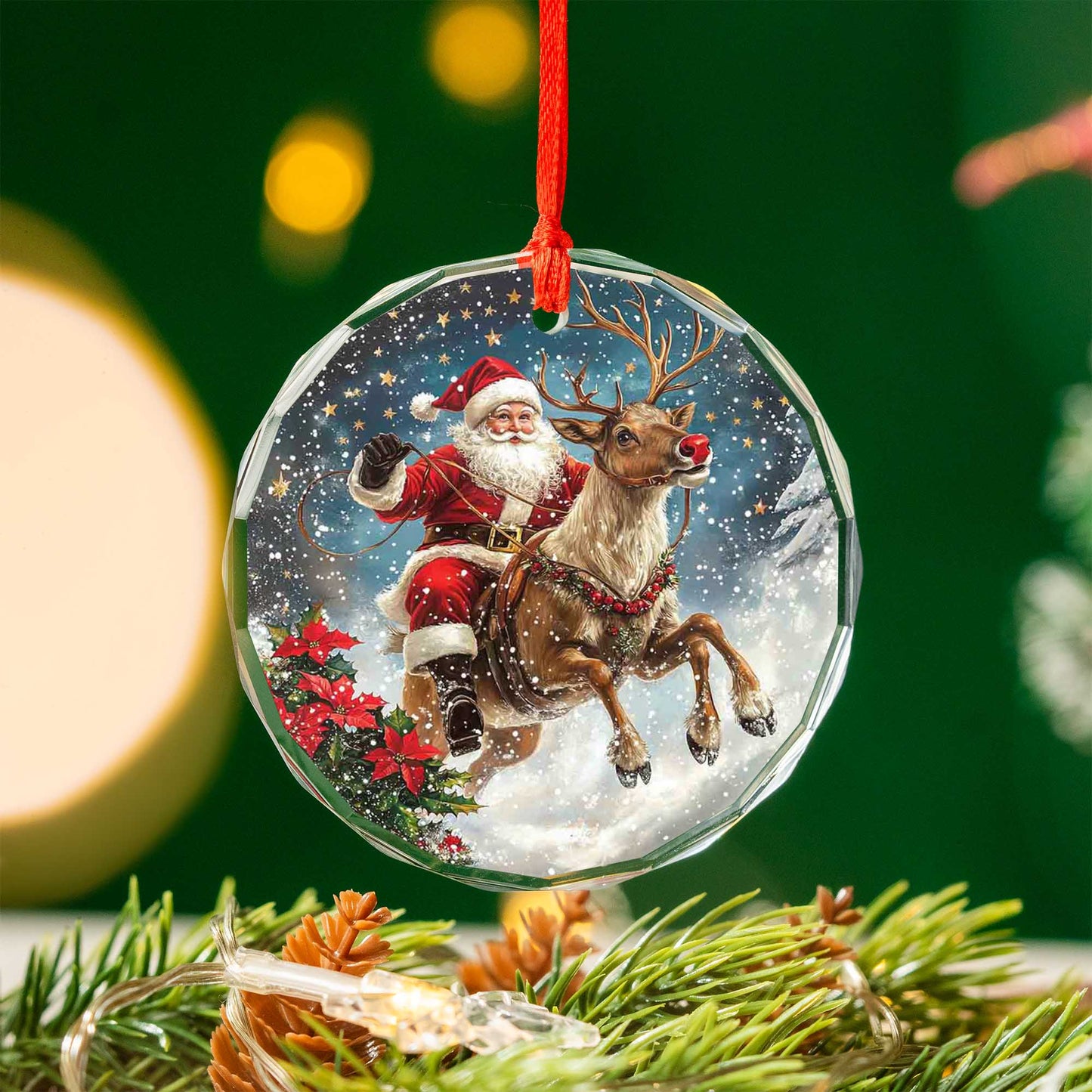 Netecom Santa Claus Riding Reindeer Glass Ornament – Christmas Tree Decor, Holiday Keepsake for the Season, 3 in
