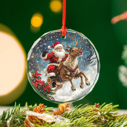 Netecom Santa Claus Riding Reindeer Glass Ornament – Christmas Tree Decor, Holiday Keepsake for the Season, 3 in